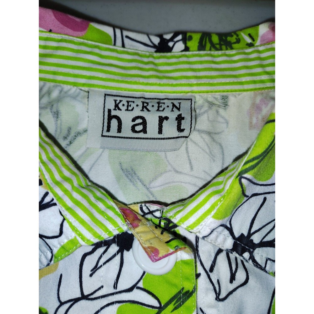Keren Hart Floral Shacket Shirt Jacket Pockets Size L (Est) Pink Green Stripe - Picture 2 of 13